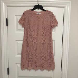 Crochet Lace Shift Mini Dress in Dusty Rose